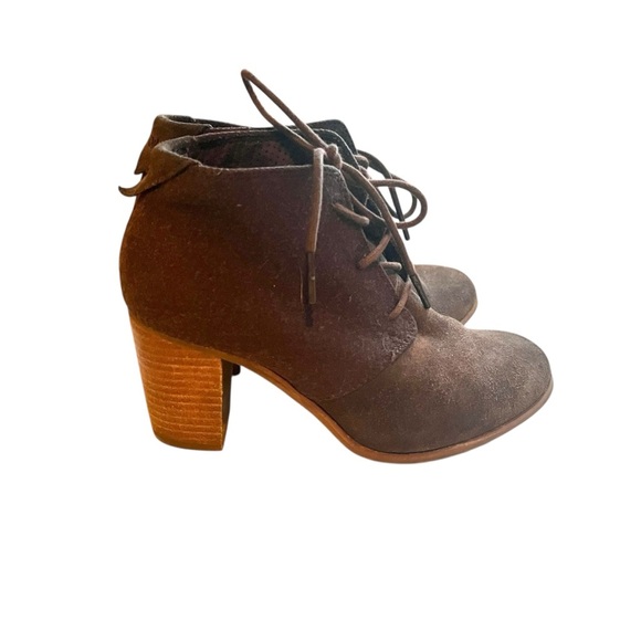 Toms Brown Chocolate Suede Wool Lunata Lace Up Heeled Ankle Booties Size 6.5 - Picture 7 of 16